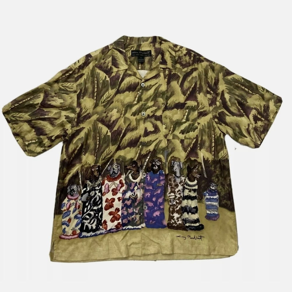 Vintage Guy Buffet Men’s Dog Print Collared Sleeve Button Up Shirt Size Large